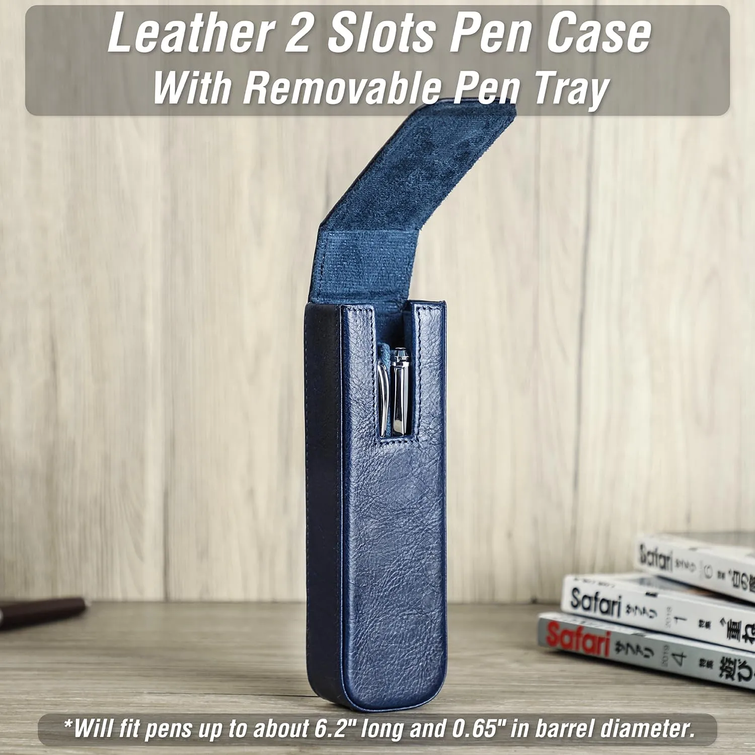 Top Grain Genuine Leather 2 Pen/Pencil Tray Case Holder, Minimalist Fashion Design, Handmade, Magnetic Closing with Drawer Design, Gift Choice for Man/Woman/Office, Glossy Blue, 2 Slots