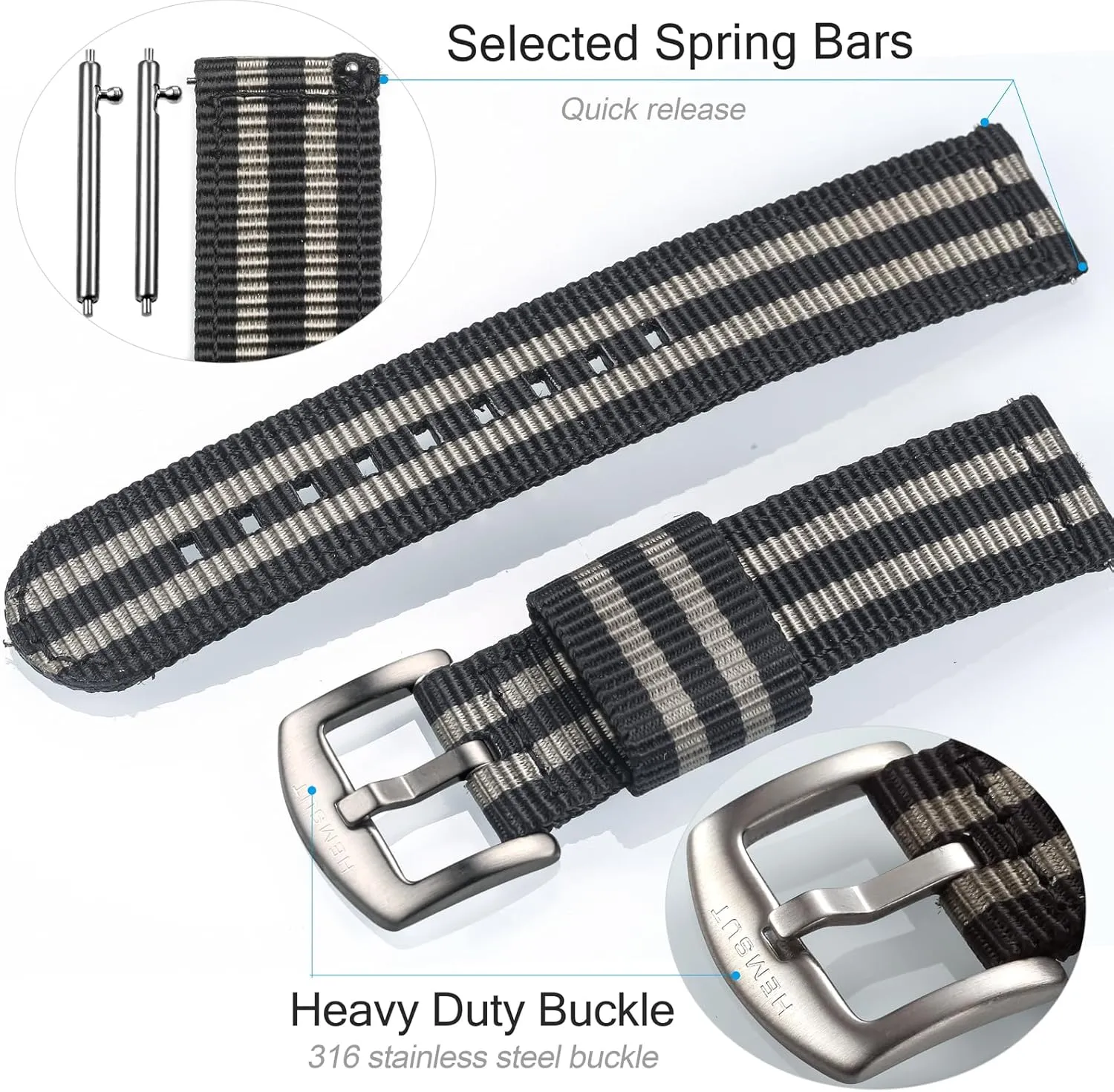 torbollo Quick Release Watch Khaki Bands, Hard 18mm Watch Band for Big Wrist, Quality Nylon Strap and Heavy Duty Brushed Buckle