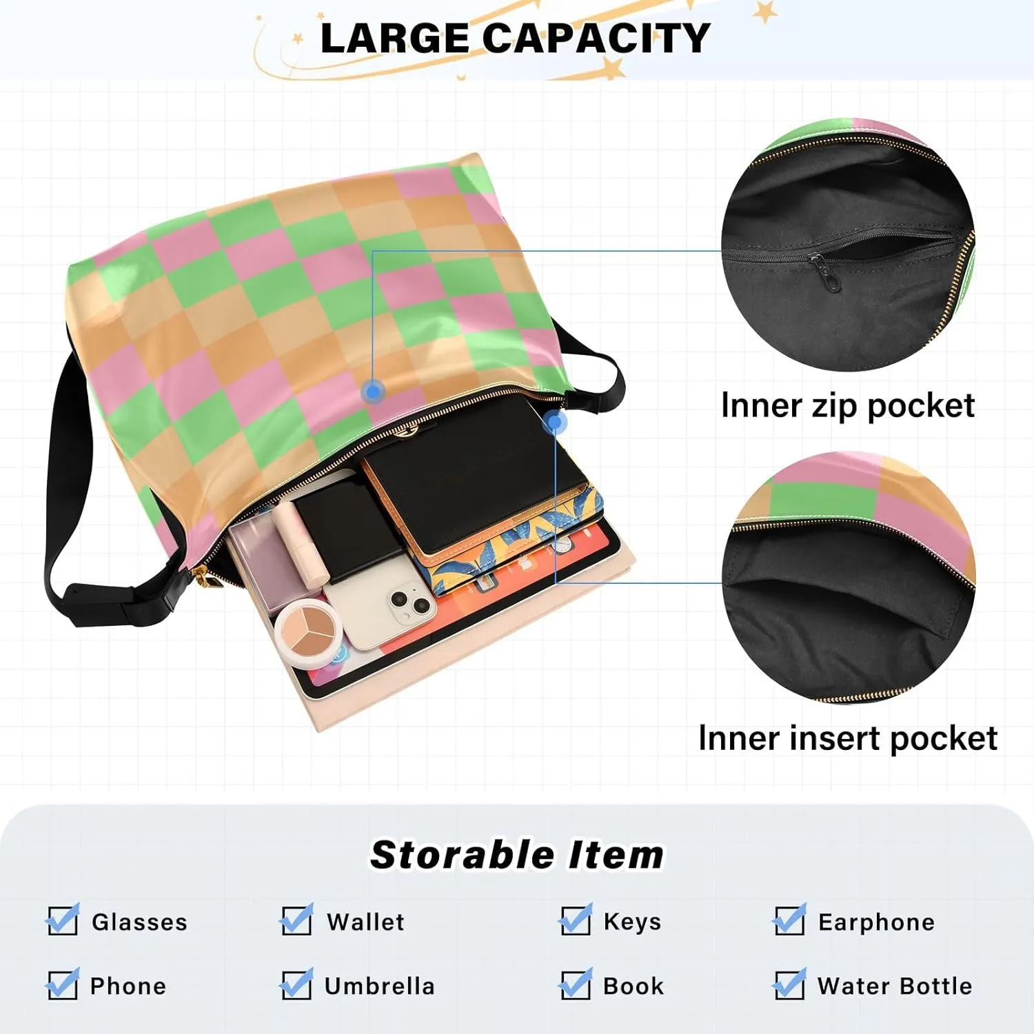 Tote Bag for Women Leather Shoulder Bag Crossbody Bag Girls Cute Tote Bag with Zipper for Work Checkered