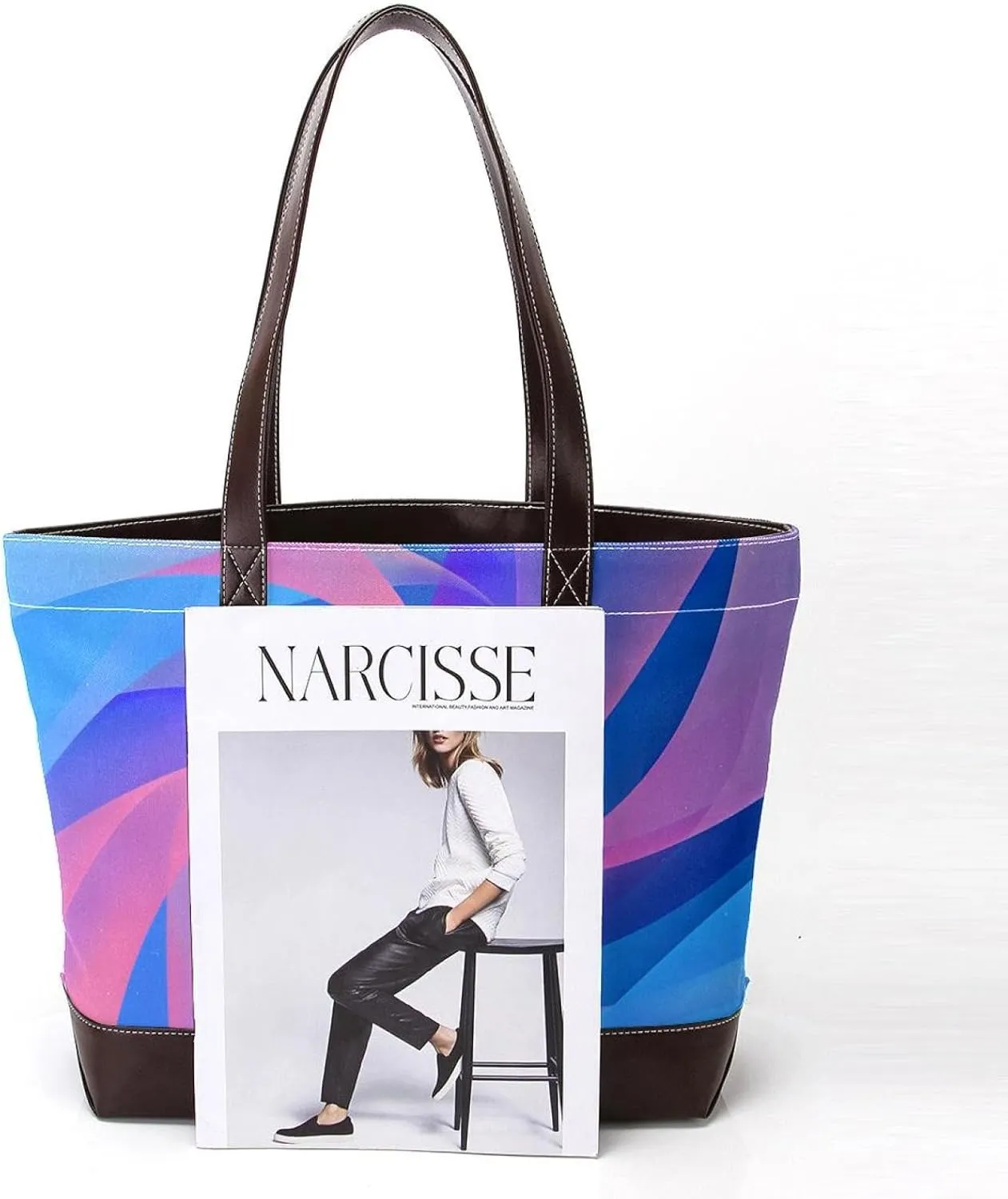 Tote Bag, Large Tote Bag, Tote Bag with Zipper, Modern Blue Pink Line Minimalist Art, Tote Bag for Work