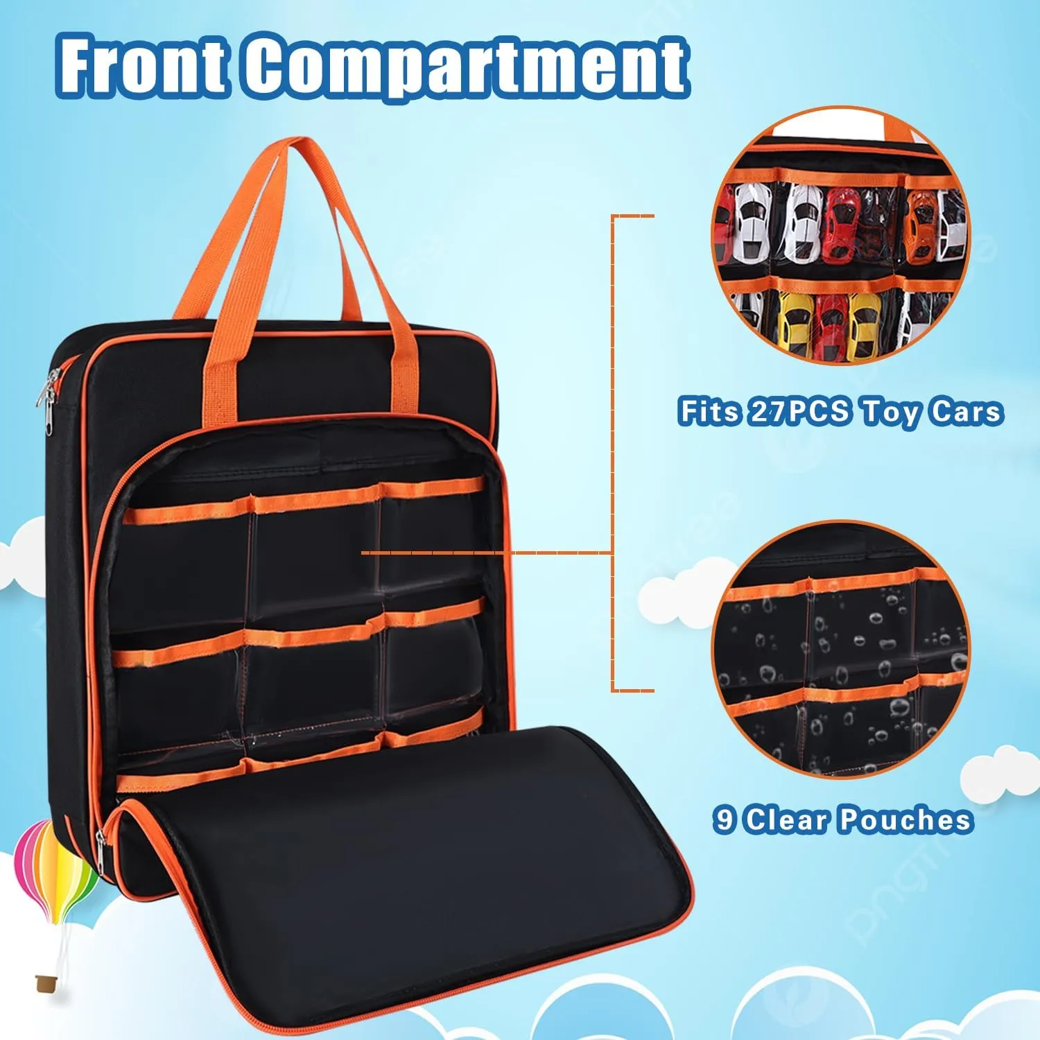 Toy Car Storage Bag Compatible with Hot Wheels, Portable Car Toy Storage Bag for 1/64 Scale Toy Cars, Matchbox Cars, Dolls, Mini Toys, Storage Bag Only (Orange)