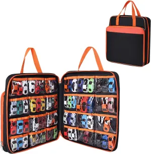 Toy Car Storage Bag Compatible with Hot Wheels, Portable Car Toy Storage Bag for 1/64 Scale Toy Cars, Matchbox Cars, Dolls, Mini Toys, Storage Bag Only (Orange)