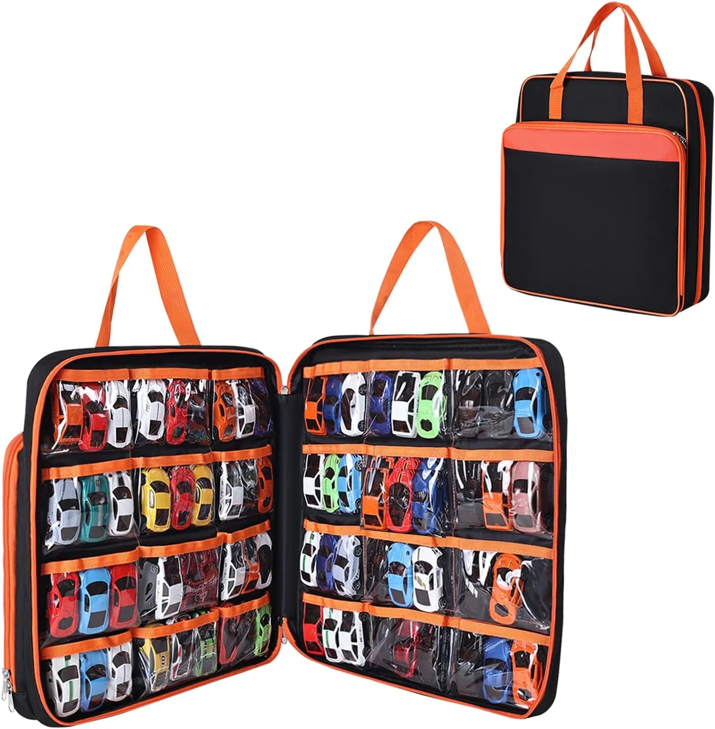 Toy Car Storage Bag Compatible with Hot Wheels, Portable Car Toy Storage Bag for 1/64 Scale Toy Cars, Matchbox Cars, Dolls, Mini Toys, Storage Bag Only (Orange)