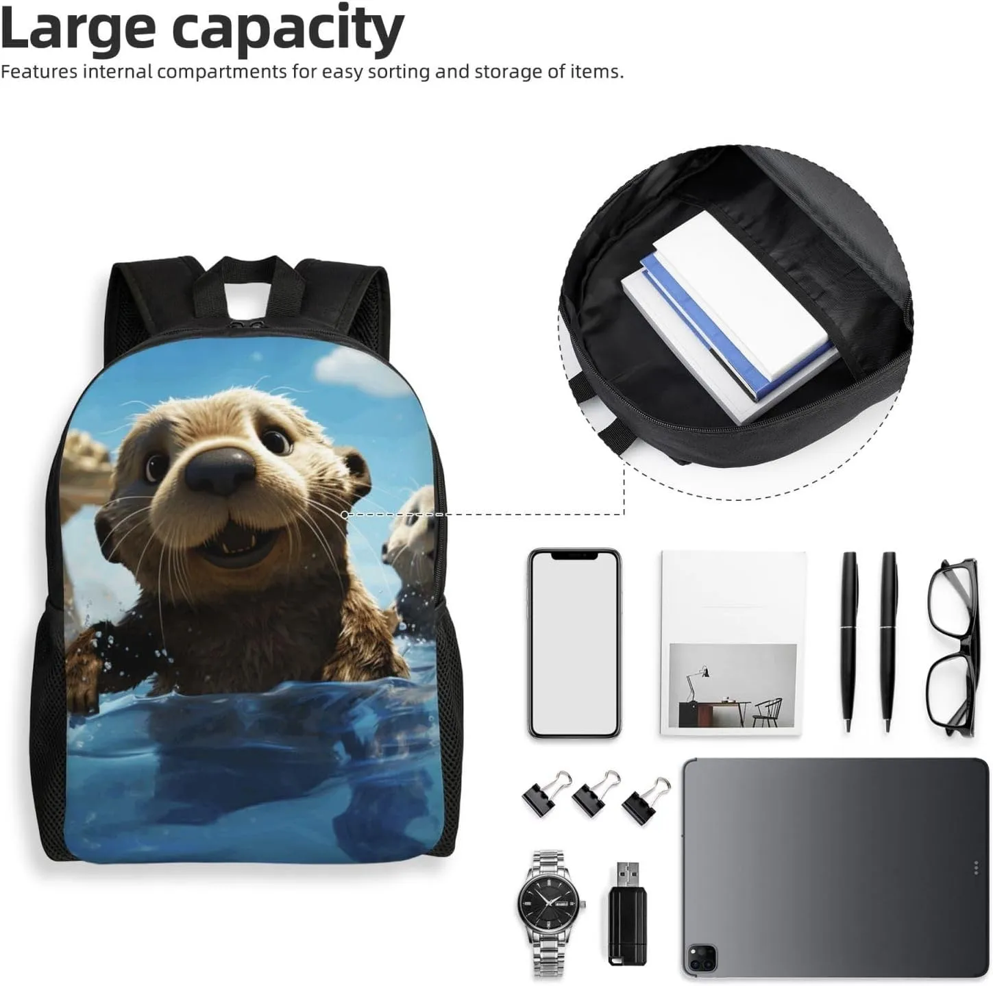 Travel Backpack for Women Men Lightweight 17 inch Laptop Bag Lovely Sea Otter Print Backpack Casual Daypack