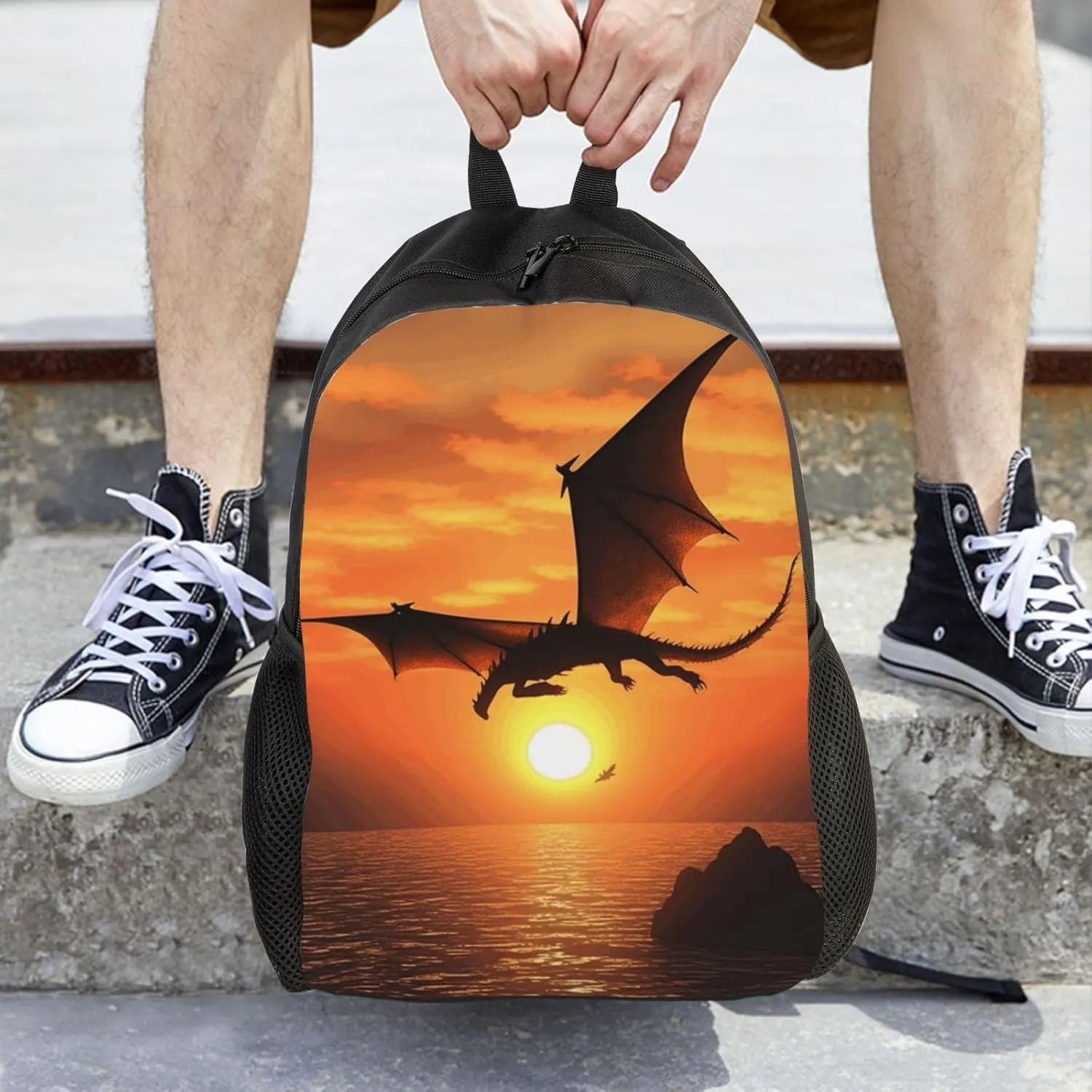 Travel Backpack for Women Men Lightweight 17 inch Laptop Bag Sea Sunset Flying Dragon Backpack Casual Daypack