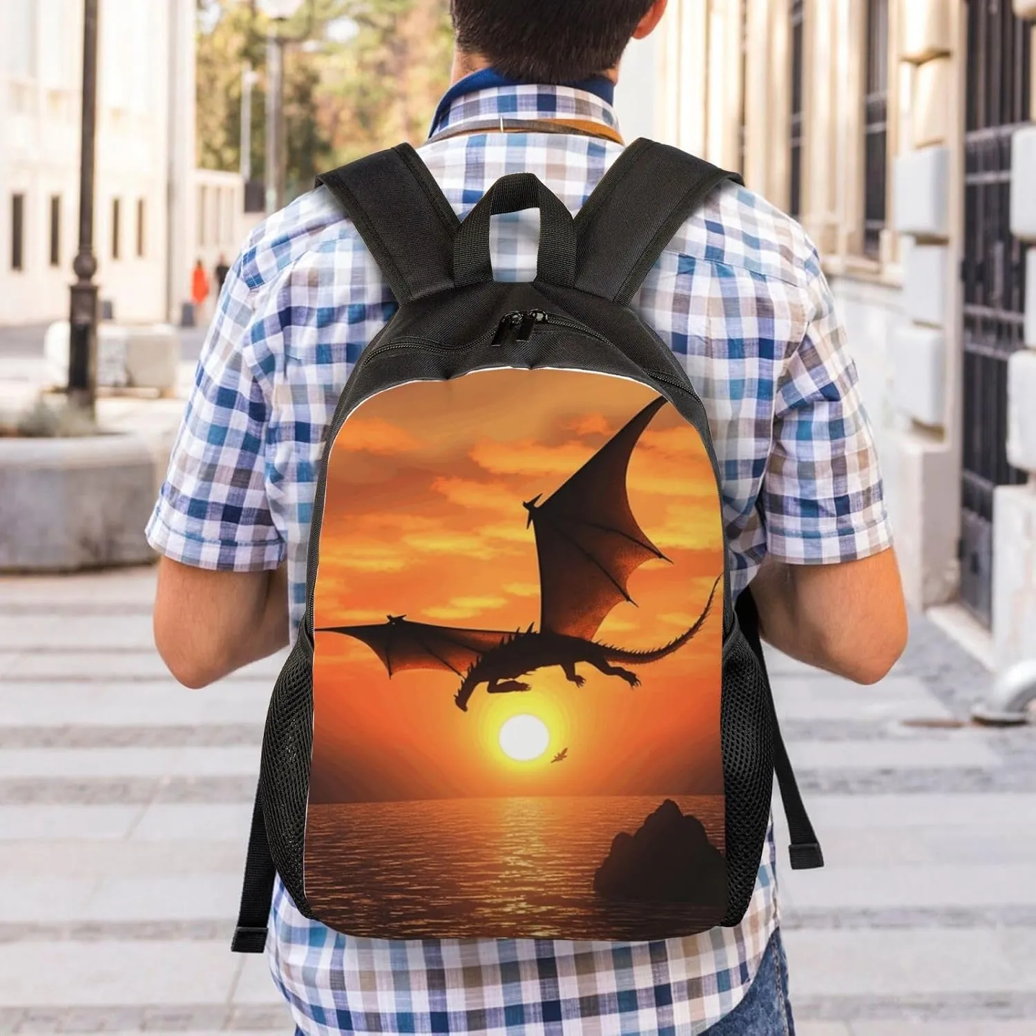Travel Backpack for Women Men Lightweight 17 inch Laptop Bag Sea Sunset Flying Dragon Backpack Casual Daypack