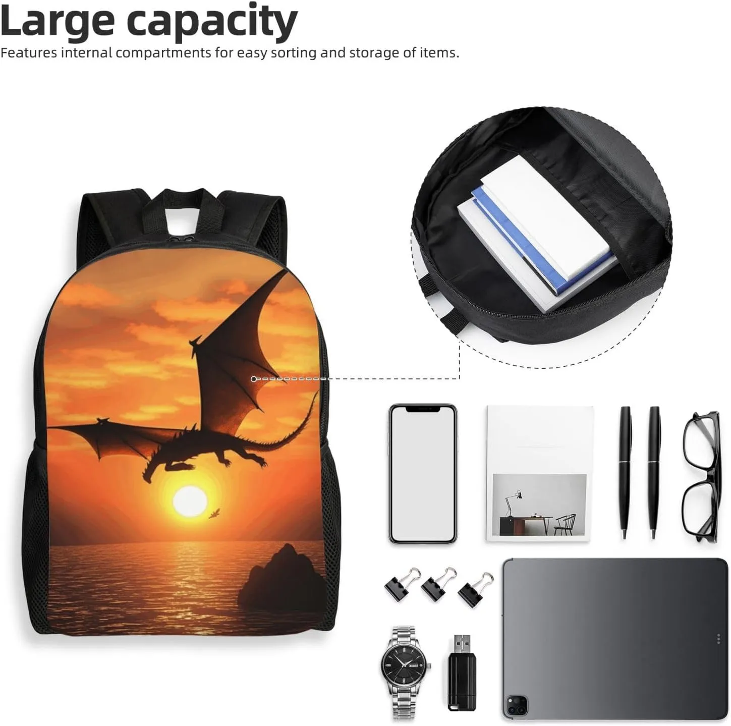 Travel Backpack for Women Men Lightweight 17 inch Laptop Bag Sea Sunset Flying Dragon Backpack Casual Daypack
