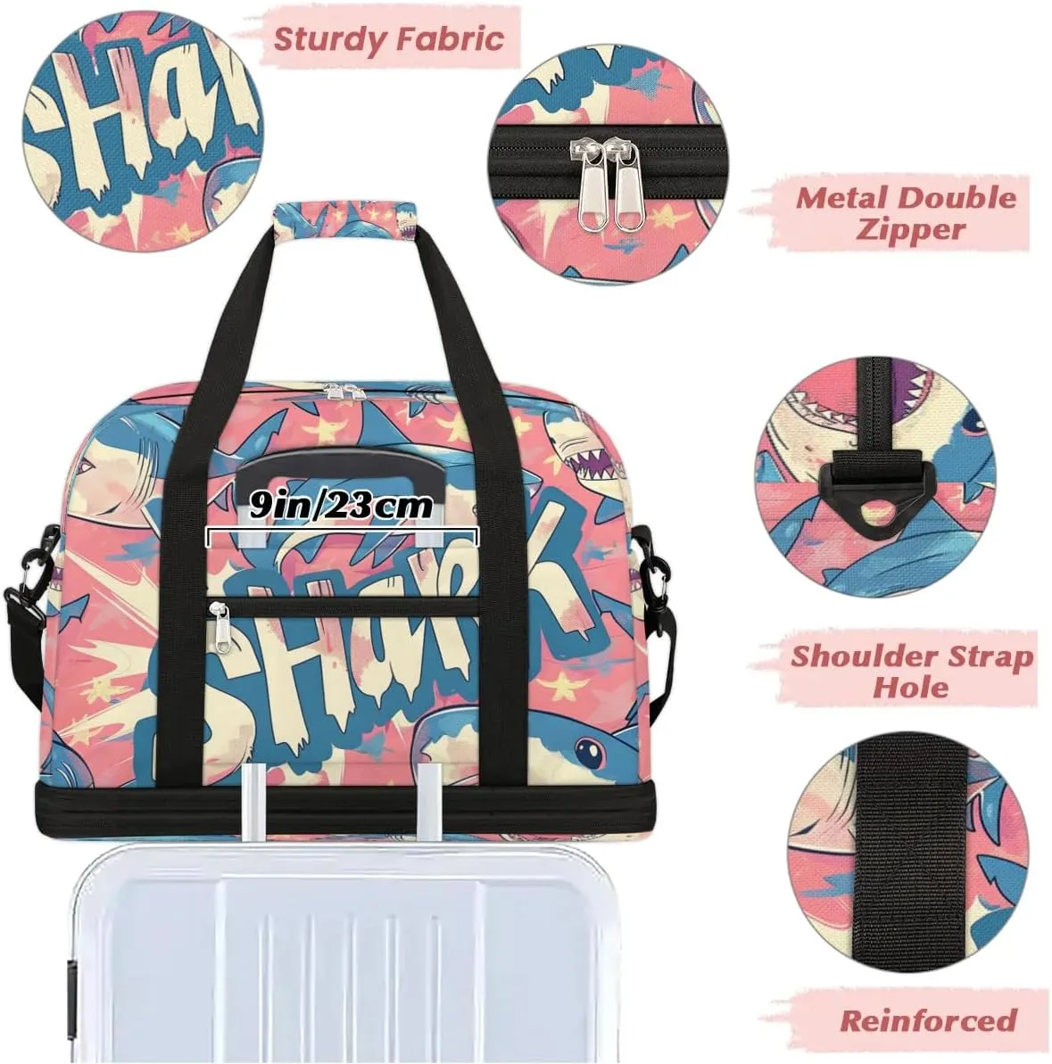 Travel Duffel Bag Cartoon Shark Weekender Bag with Shoe Compartment Foldable Overnight Bags for Travel Sports Lightweight Gym Bags for Men Women
