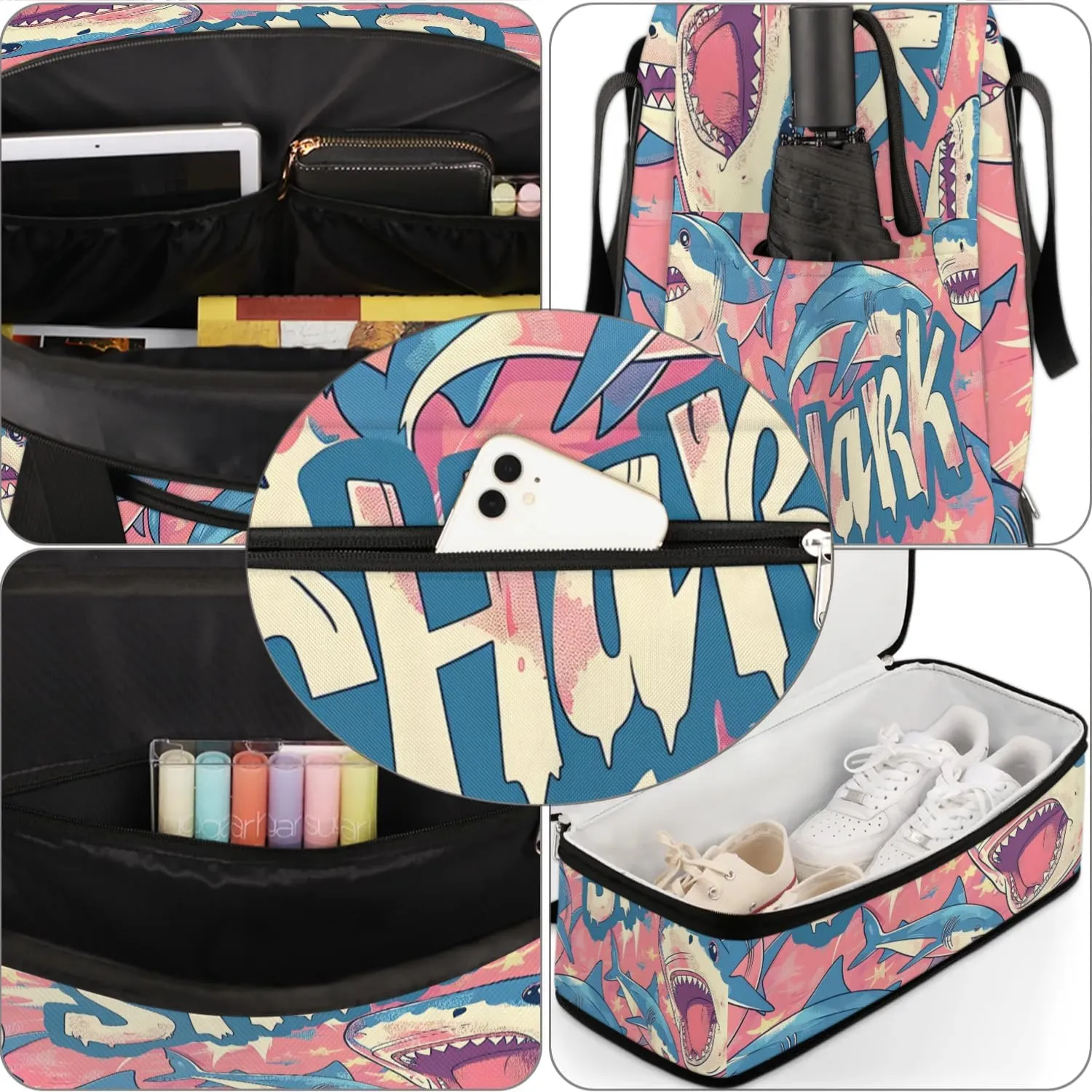Travel Duffel Bag Cartoon Shark Weekender Bag with Shoe Compartment Foldable Overnight Bags for Travel Sports Lightweight Gym Bags for Men Women