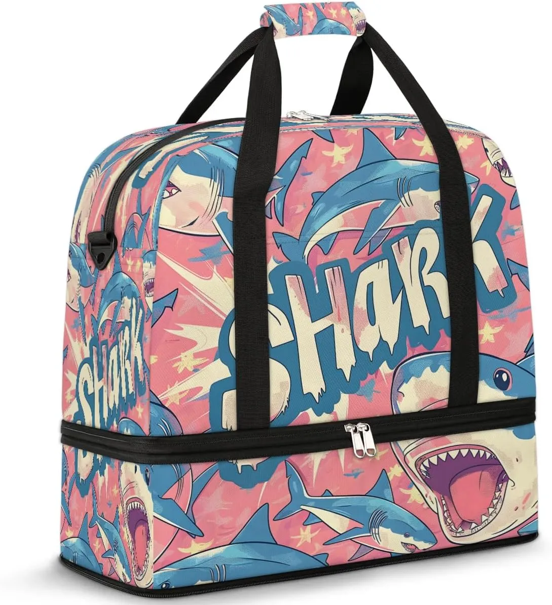 Travel Duffel Bag Cartoon Shark Weekender Bag with Shoe Compartment Foldable Overnight Bags for Travel Sports Lightweight Gym Bags for Men Women