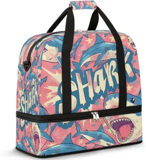 Travel Duffel Bag Cartoon Shark Weekender Bag with Shoe Compartment Foldable Overnight Bags for Travel Sports Lightweight Gym Bags for Men Women