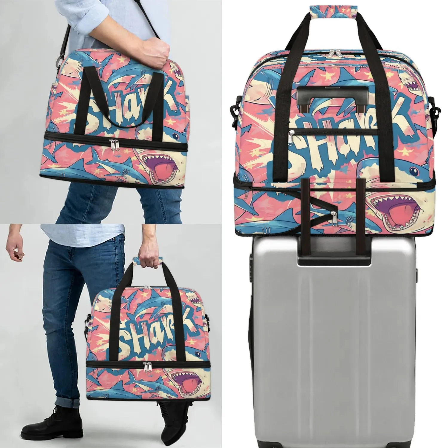 Travel Duffel Bag Cartoon Shark Weekender Bag with Shoe Compartment Foldable Overnight Bags for Travel Sports Lightweight Gym Bags for Men Women