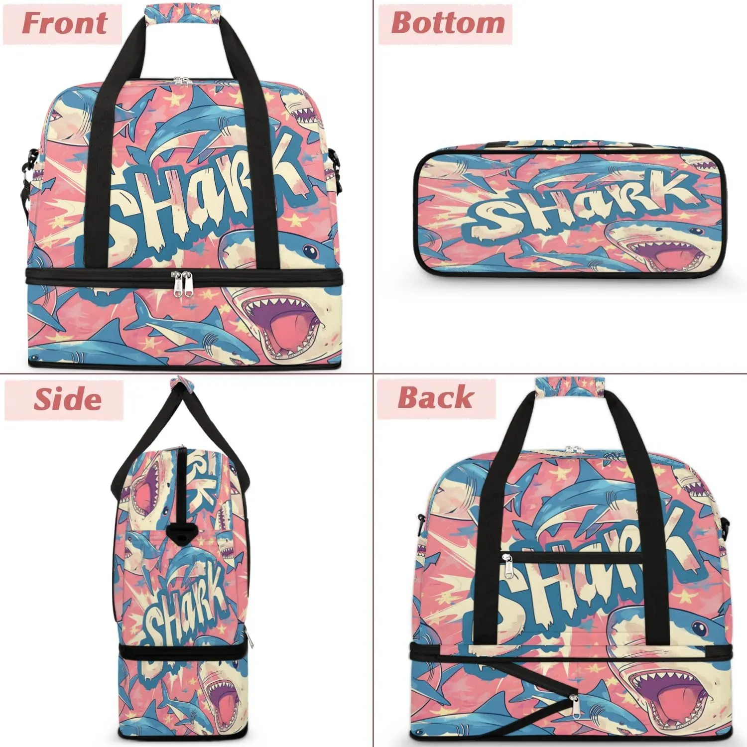Travel Duffel Bag Cartoon Shark Weekender Bag with Shoe Compartment Foldable Overnight Bags for Travel Sports Lightweight Gym Bags for Men Women