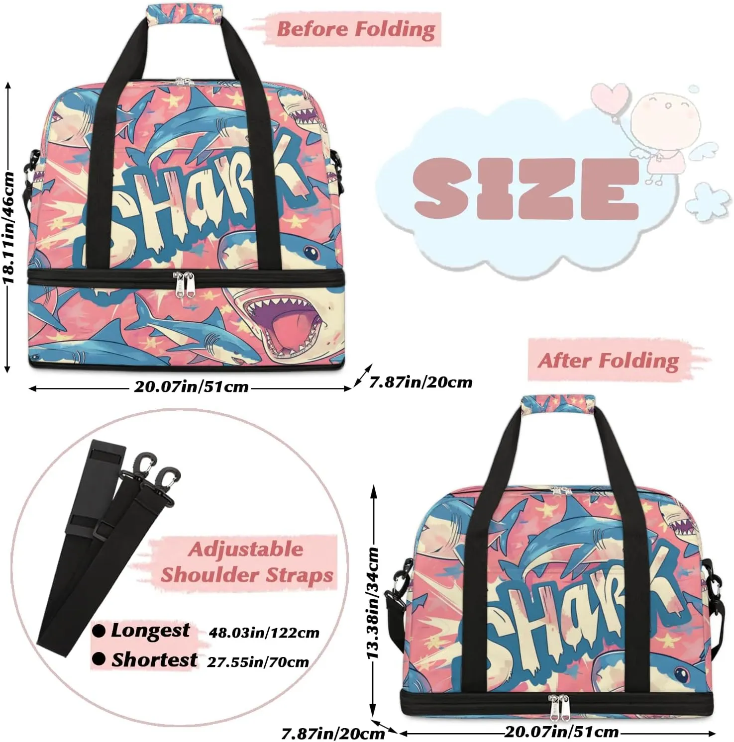 Travel Duffel Bag Cartoon Shark Weekender Bag with Shoe Compartment Foldable Overnight Bags for Travel Sports Lightweight Gym Bags for Men Women