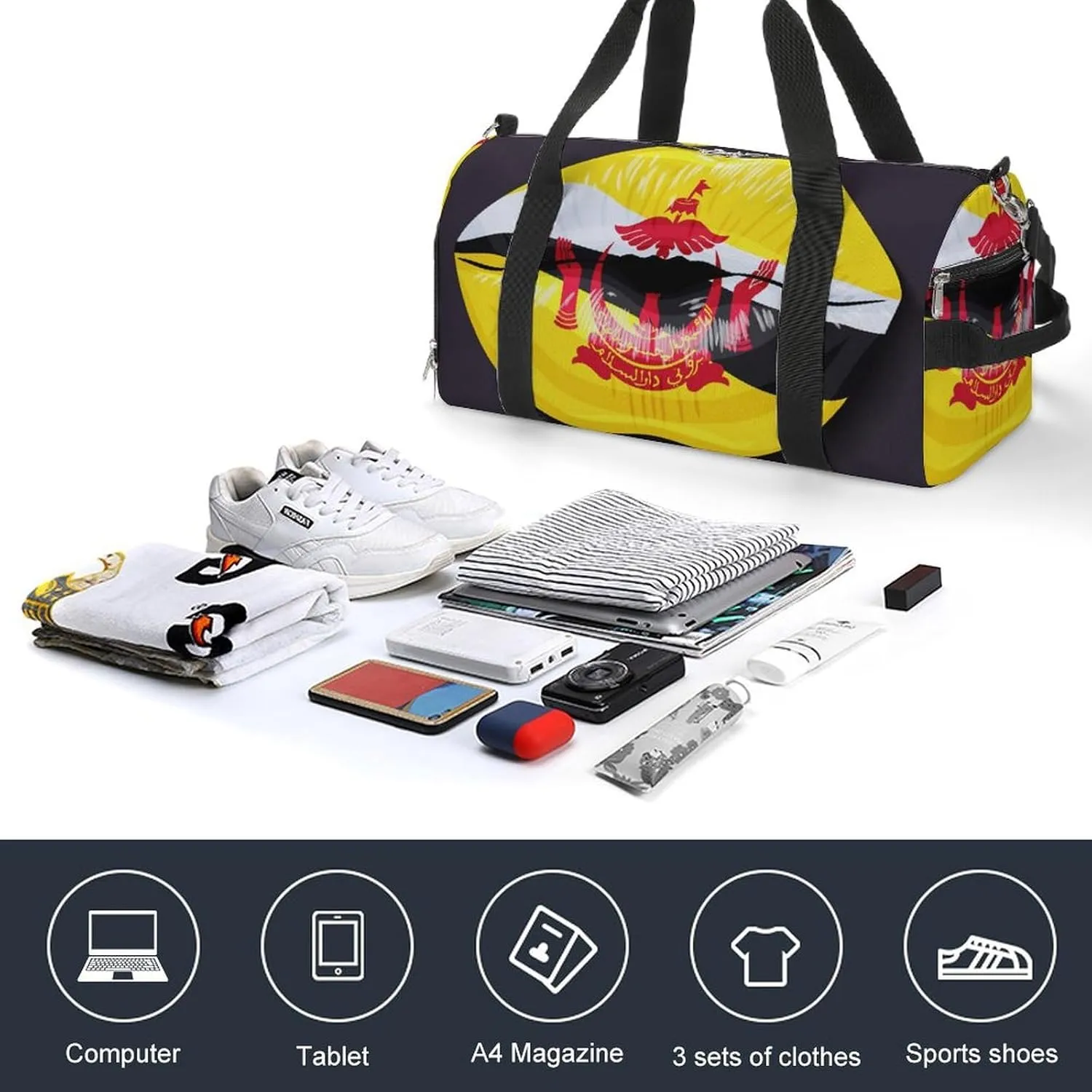 Travel Duffel Bag with Brunei Flag Lips for Women and Men Shoe Compartment and Wet Pocket