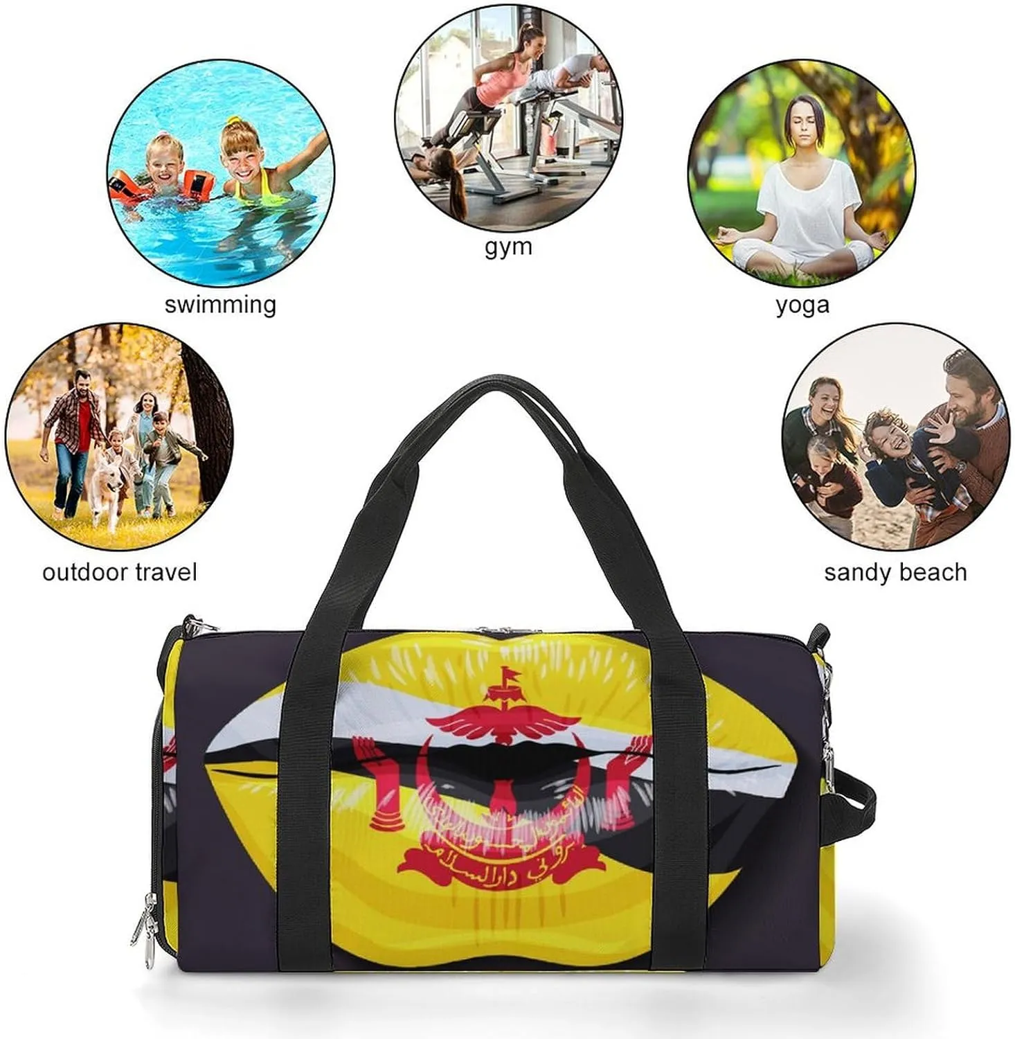 Travel Duffel Bag with Brunei Flag Lips for Women and Men Shoe Compartment and Wet Pocket