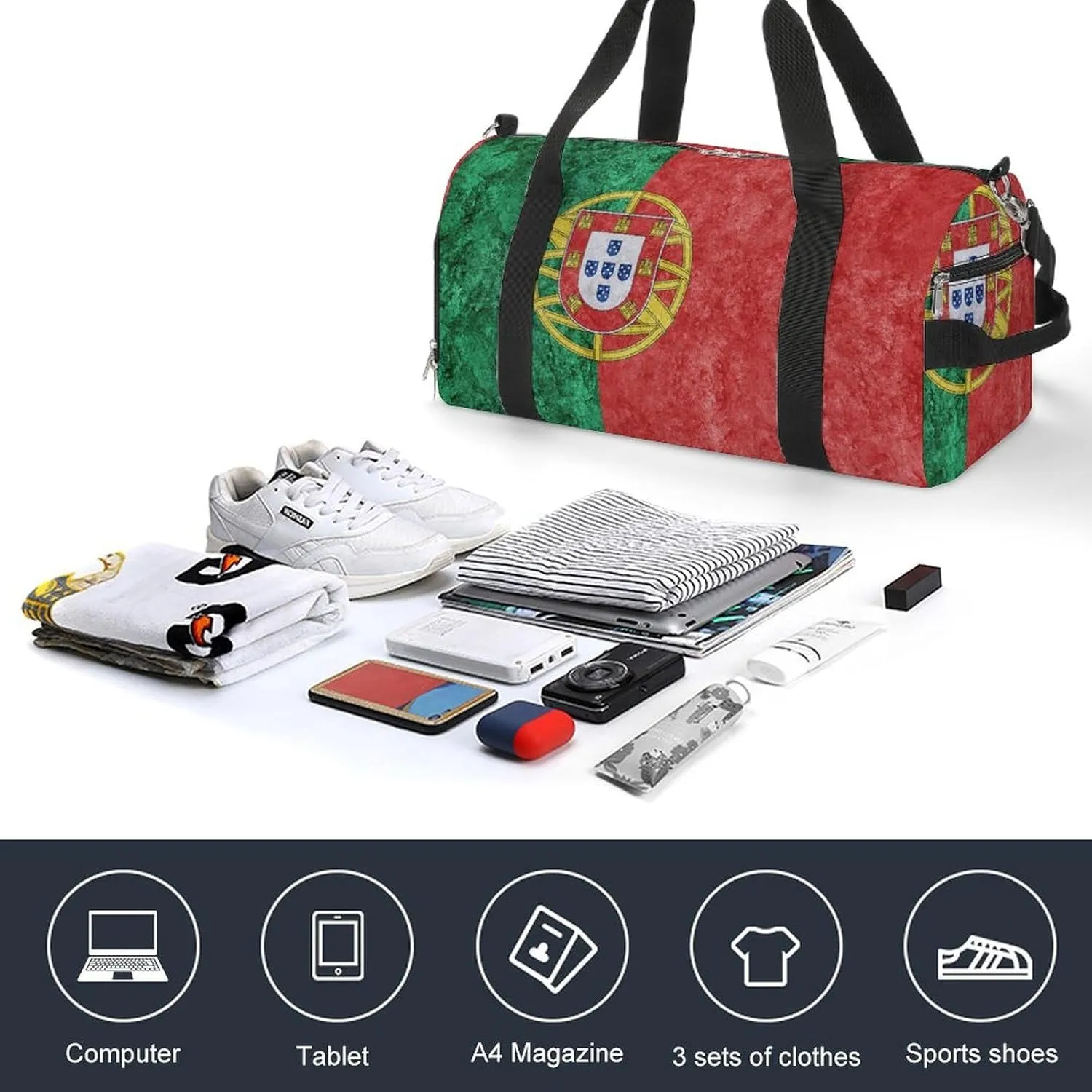 Travel Duffel Bag with Portugal Flag Textured Shoe Compartment Waterproof Sports Gym
