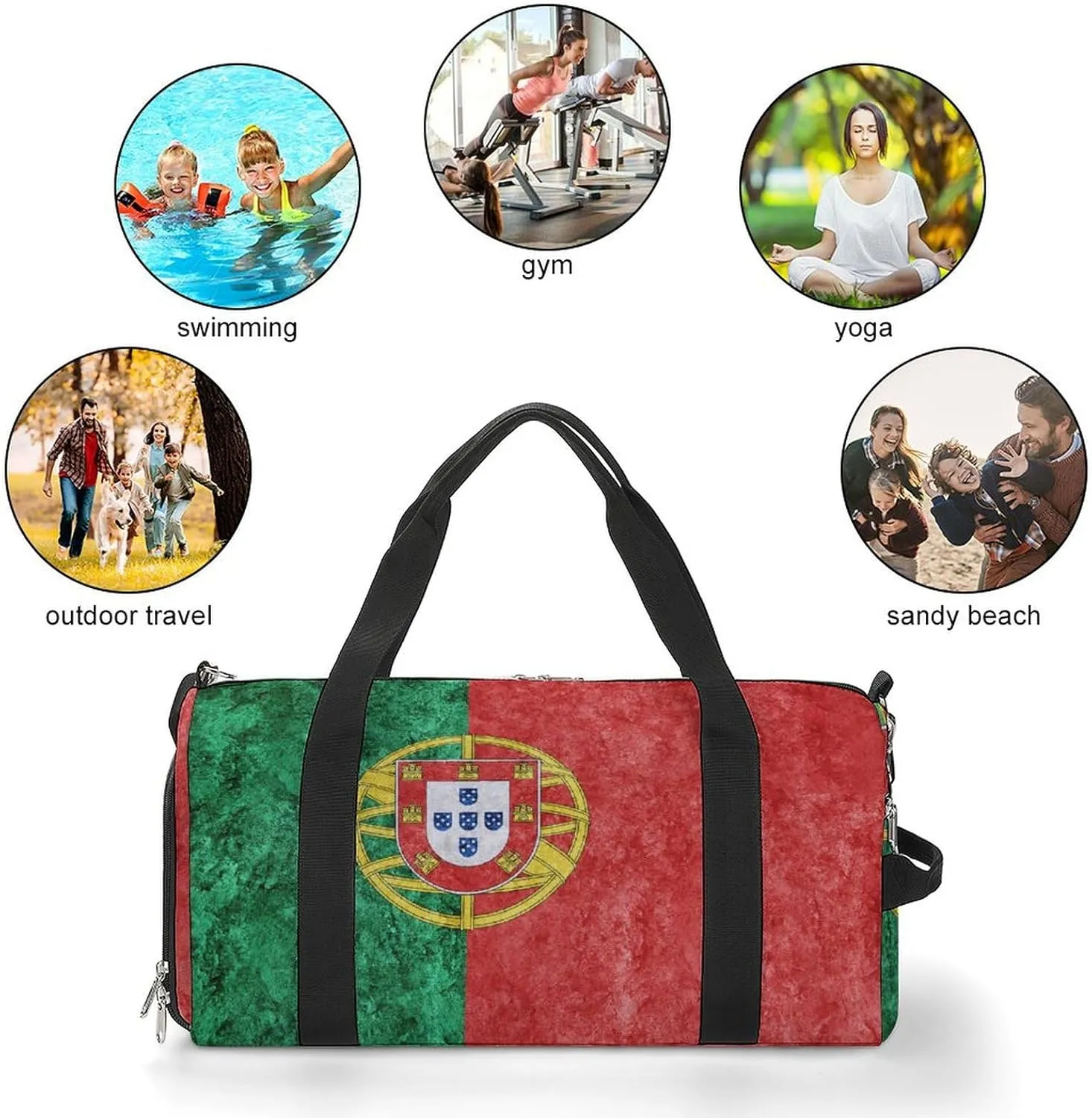 Travel Duffel Bag with Portugal Flag Textured Shoe Compartment Waterproof Sports Gym
