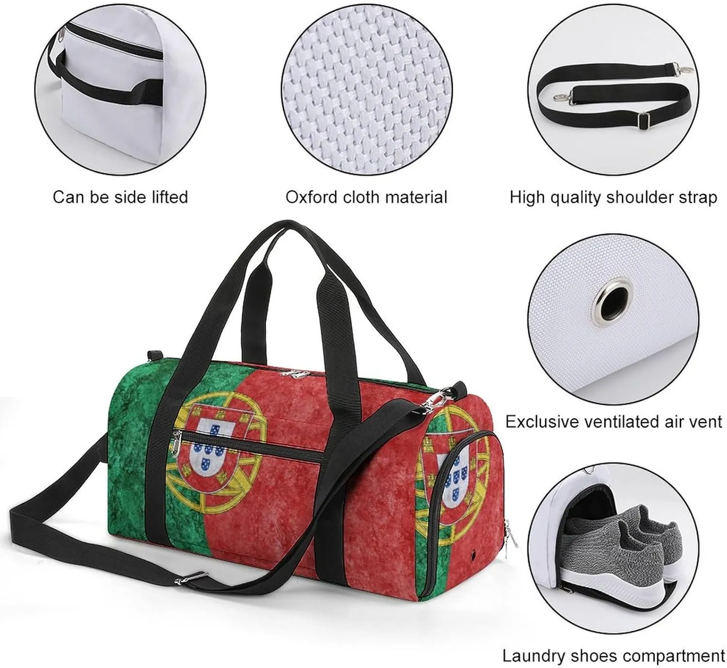 Travel Duffel Bag with Portugal Flag Textured Shoe Compartment Waterproof Sports Gym