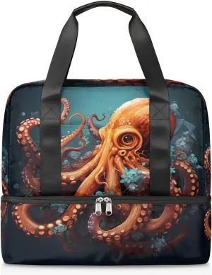 Travel Duffel Bags Ocean Octopus Sports Gym Bag with Wet Pocket & Shoes Compartment Large Duffel Bags Waterproof Overnight Bag Weekender Bags for Women Men