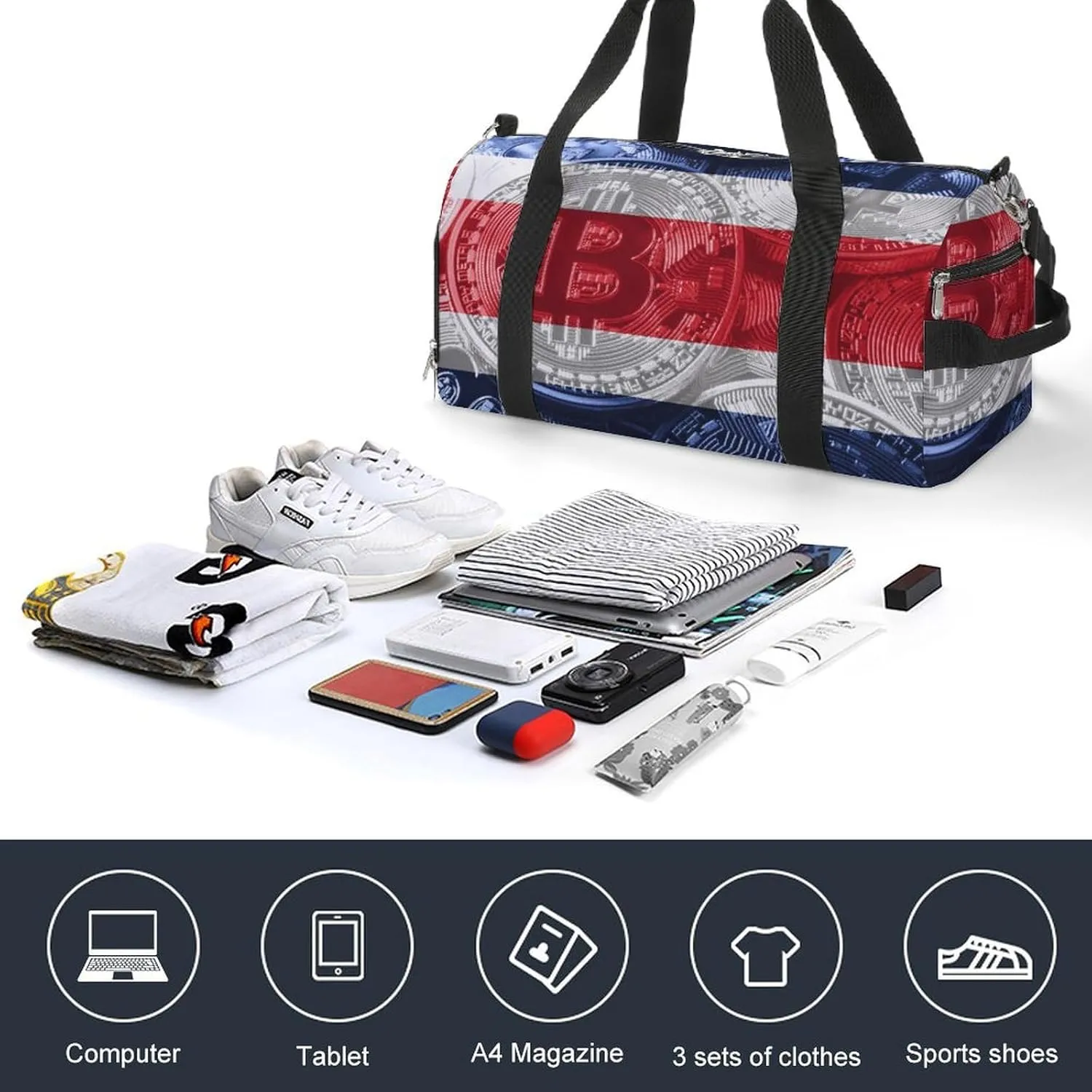 Travel Duffel with Costa Rica Flag Bitcoin Shoe Compartment for Gym Beach and Sports