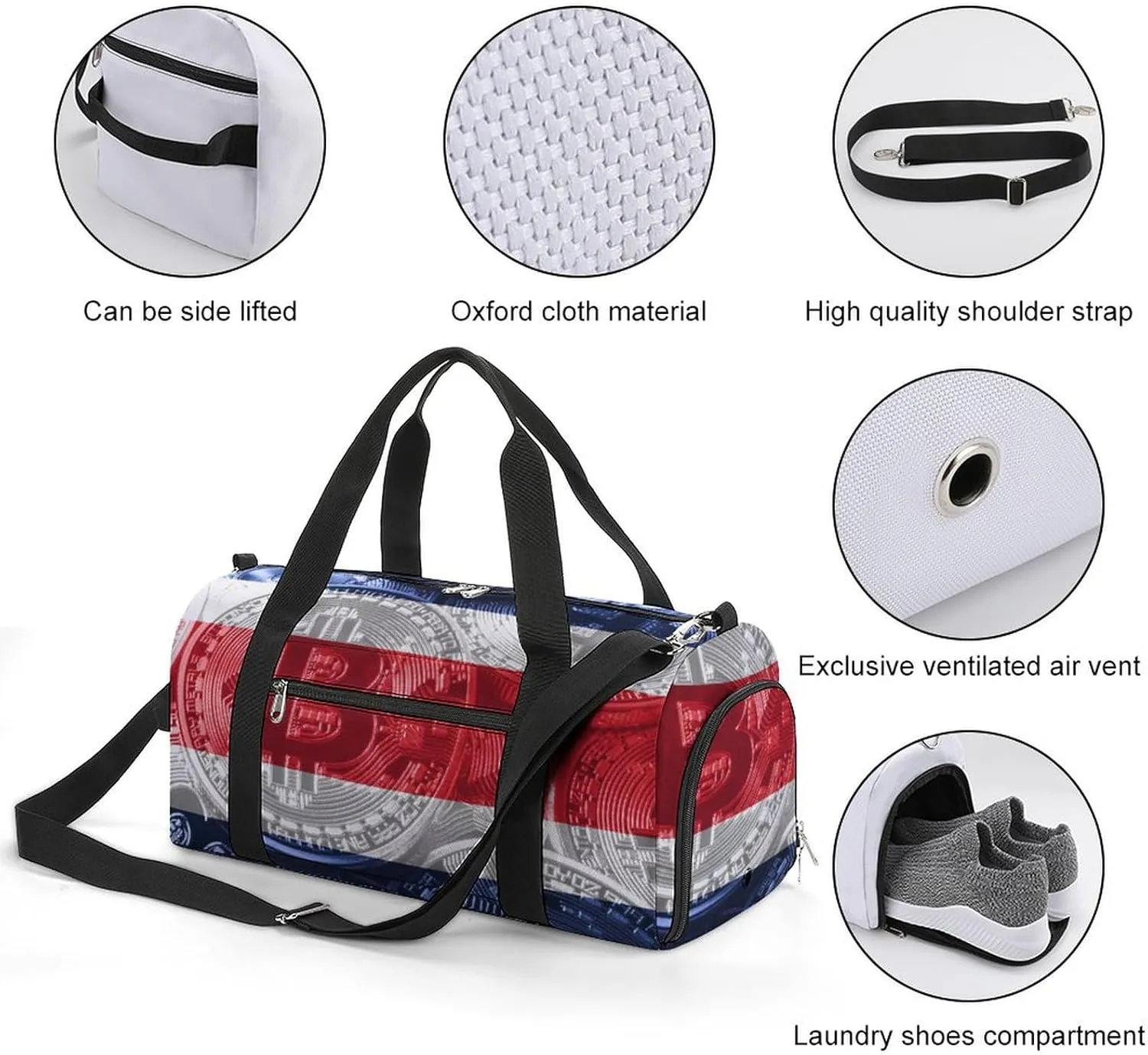 Travel Duffel with Costa Rica Flag Bitcoin Shoe Compartment for Gym Beach and Sports