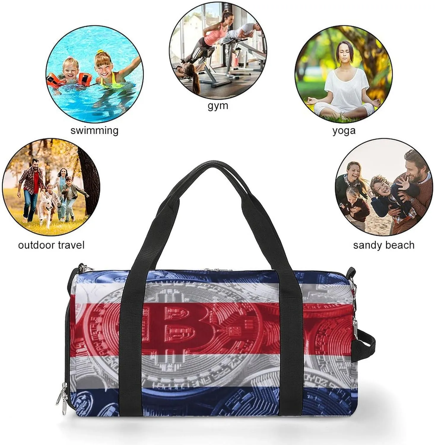 Travel Duffel with Costa Rica Flag Bitcoin Shoe Compartment for Gym Beach and Sports