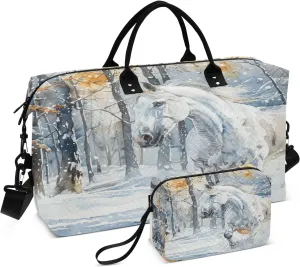 Travel Duffle Bag Gym Bag, White Horse Snow Winter Weekender Bags for Women with Toiletry Bag Travel Tote Bag Swim Bag