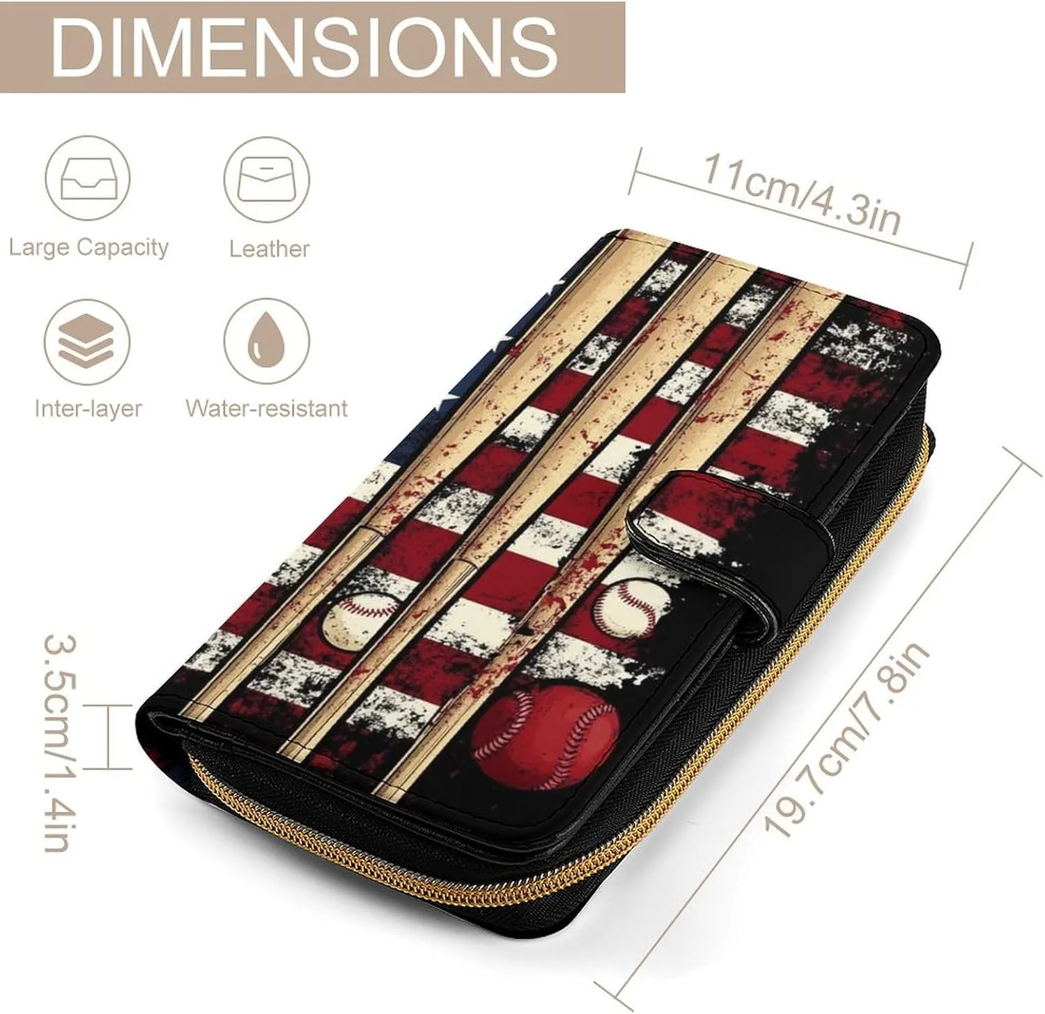 Travel PU Leather Wallet, Patriotic USA Retro American Flag Baseball Print, 12 Card Slots and Smooth Zipper Closure, Compact 7.8x4.3x1.4 Inch Wallets for Men Women