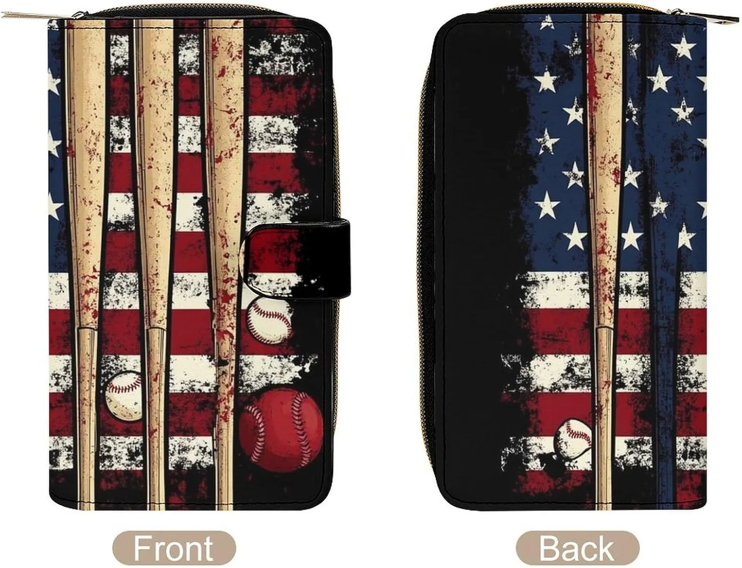 Travel PU Leather Wallet, Patriotic USA Retro American Flag Baseball Print, 12 Card Slots and Smooth Zipper Closure, Compact 7.8x4.3x1.4 Inch Wallets for Men Women