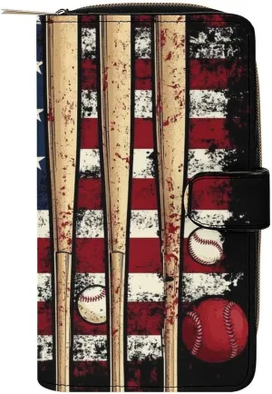 Travel PU Leather Wallet, Patriotic USA Retro American Flag Baseball Print, 12 Card Slots and Smooth Zipper Closure, Compact 7.8x4.3x1.4 Inch Wallets for Men Women