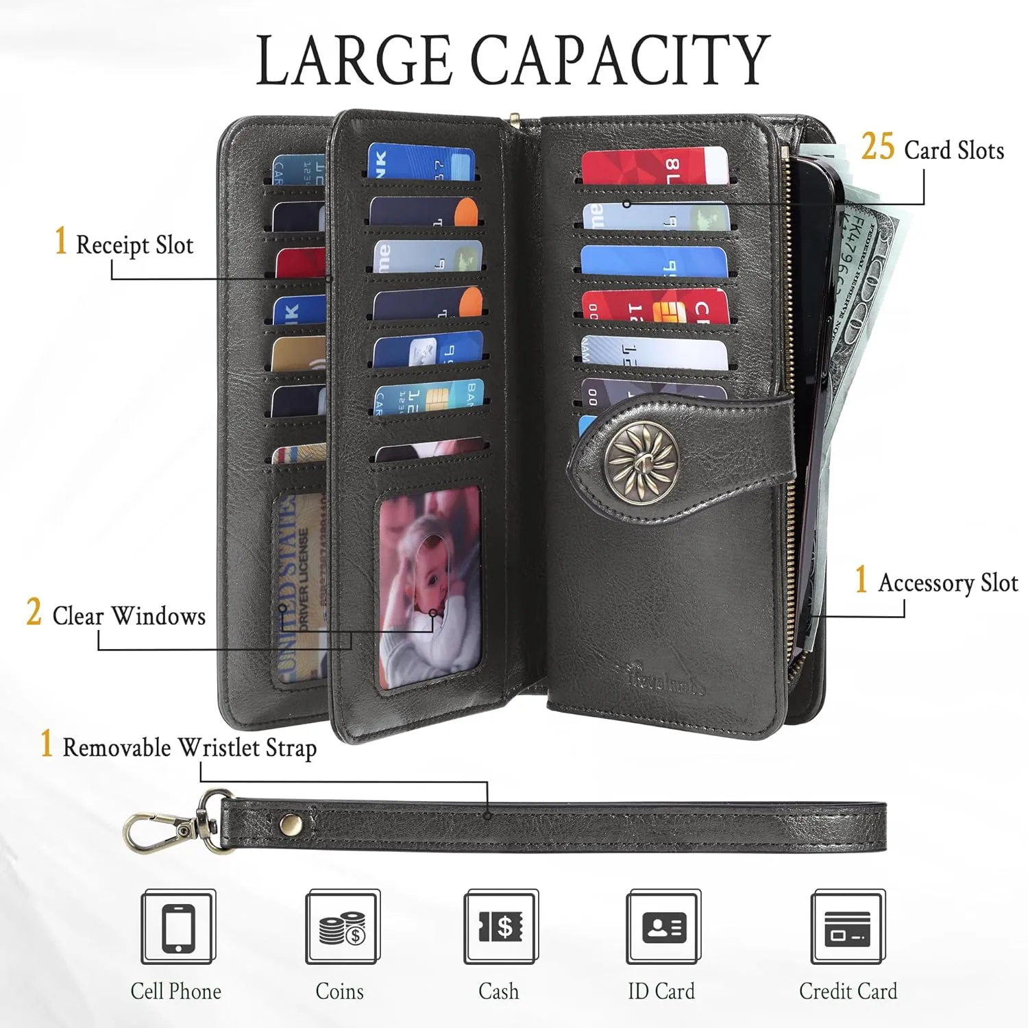Travelambo Women's Wallet RFID Blocking Credit Card Holder Large Capacity Wristlet Leather Wallets Purse