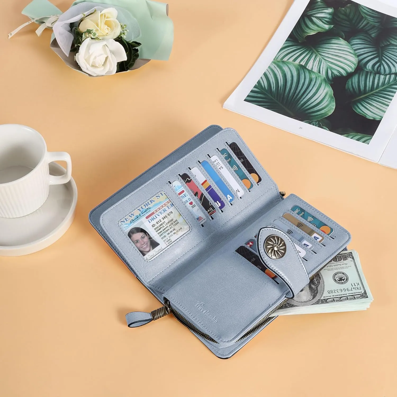 Travelambo Women's Wallet RFID Blocking Credit Card Holder Large Capacity Wristlet Leather Wallets Purse