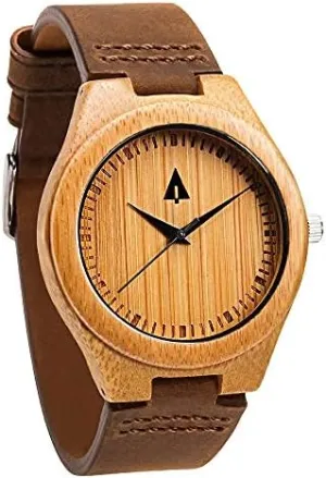 Treehut Wooden Bamboo Watches for Men, Japanese Quartz Movement, Stylish Exotic Wrist Watch with Brown Leather Straps, Watch Made from Wood, Relojes para Hombre