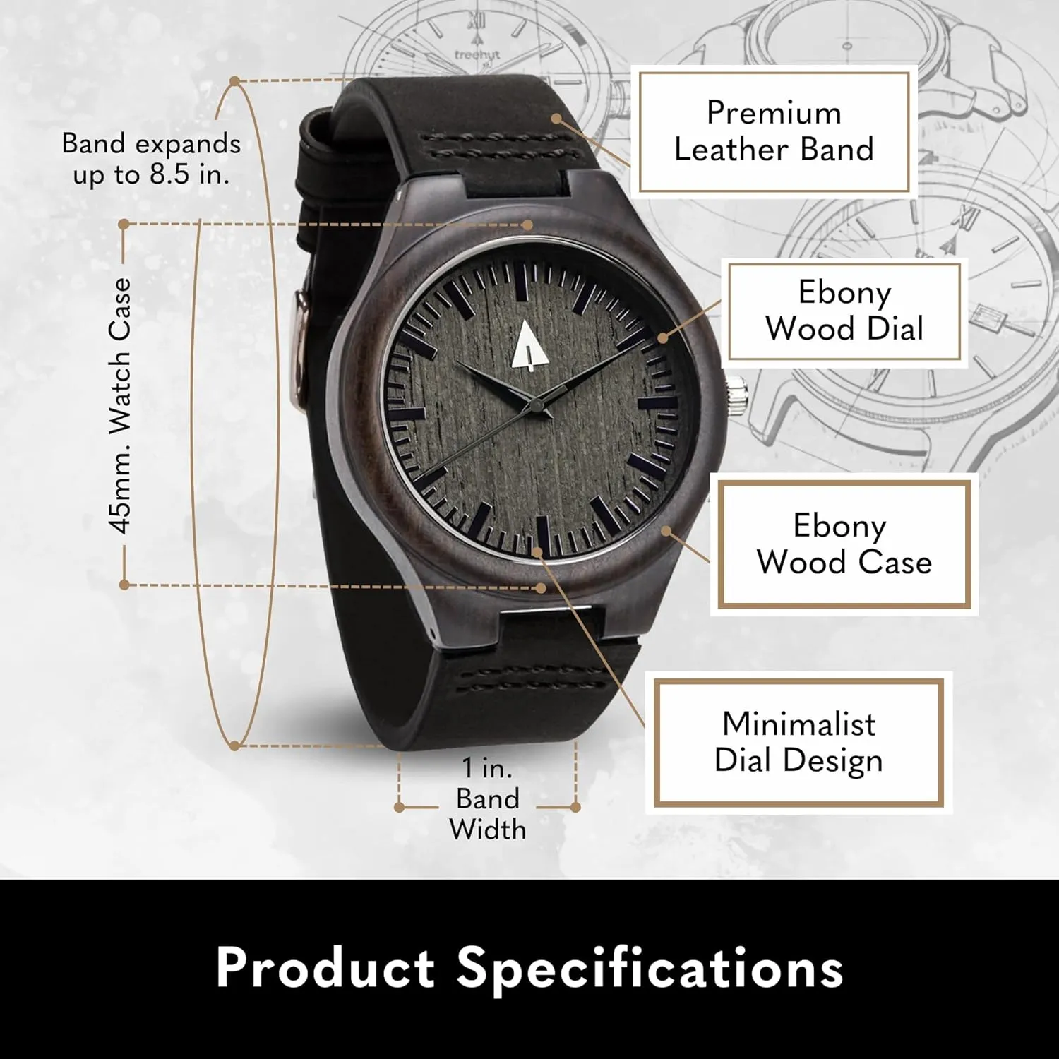 Treehut Wooden Watch for Men with Wooden Strap and Gift Box, Stainless Steel Clasp & Silver Hands – Japanese Quartz Analog Watch with Date – Wrist Watch Made from Real Wood Great Gifts for Men