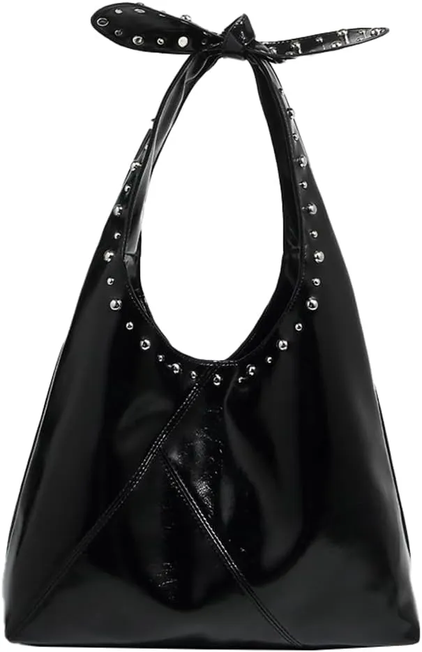 Trendy Vegan Leather Shoulder Bag for Women Y2K Punk Rivet Tote Purse Large Handbags Bucket Underarm Satchel