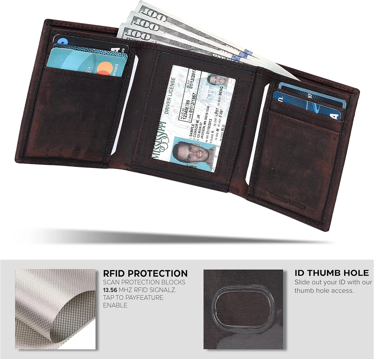 Tri fold Leather Wallet for Men with RFID | Slim Wallets for Men with 1 ID and 6 Credit card slots | Front Pocket Minimalist