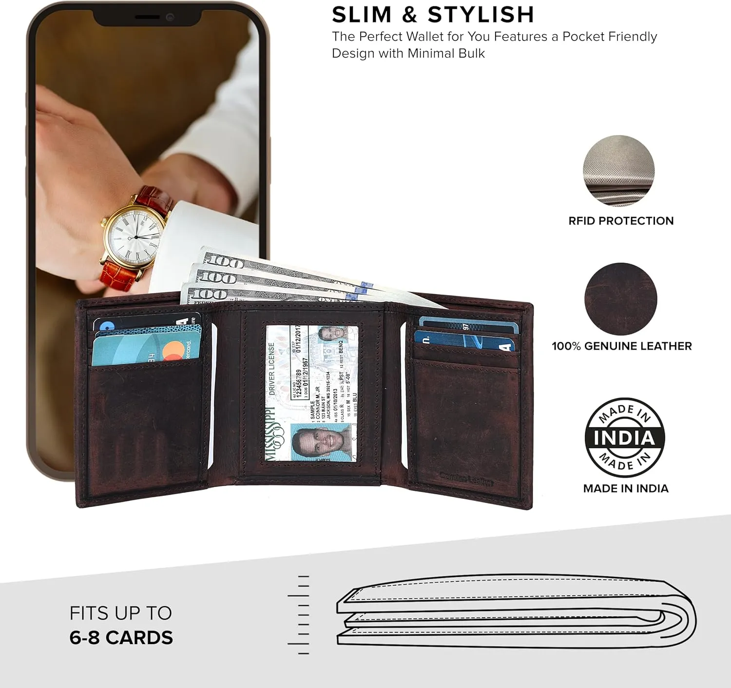 Tri fold Leather Wallet for Men with RFID | Slim Wallets for Men with 1 ID and 6 Credit card slots | Front Pocket Minimalist