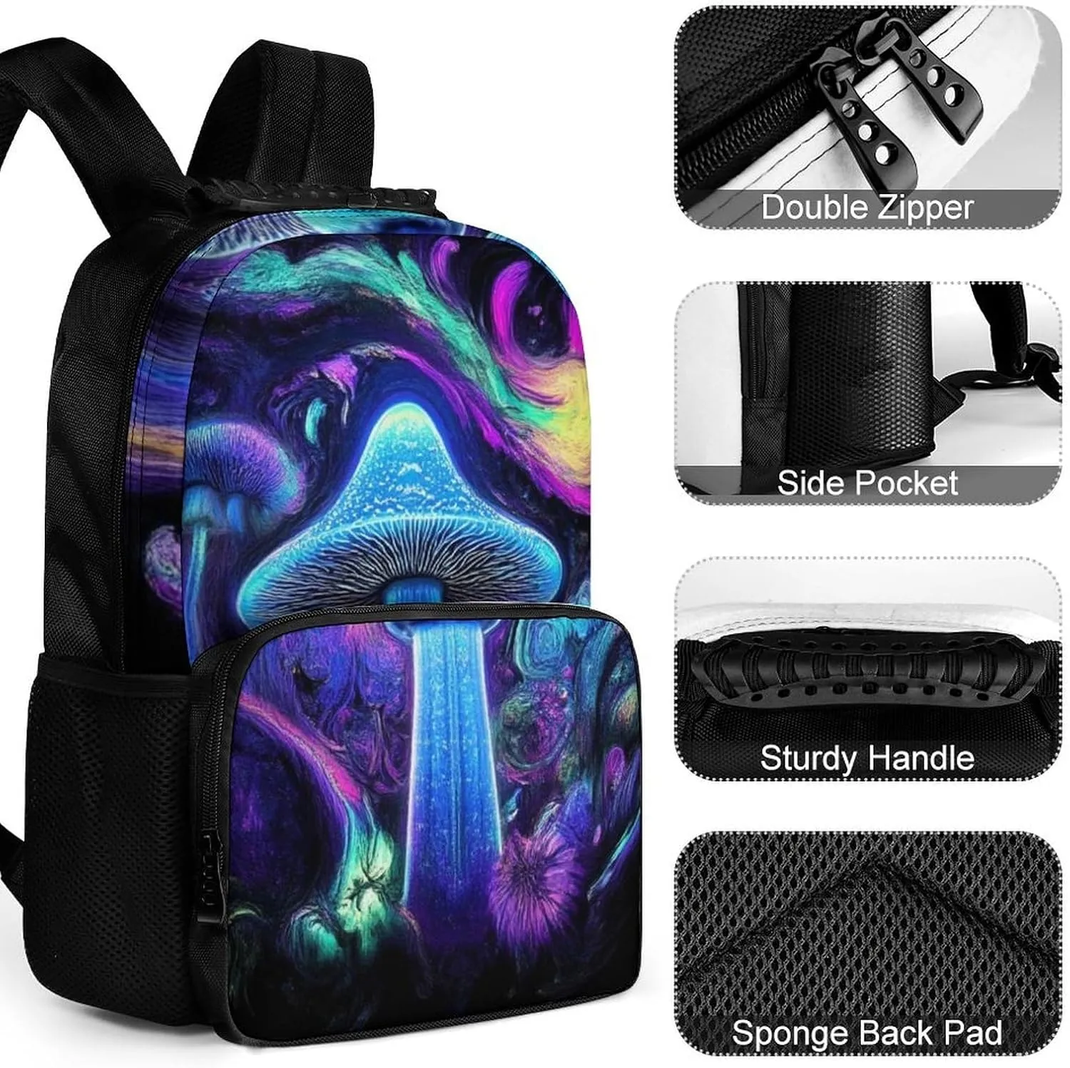Trippy Mushrooms Purple Art Shoulder Book Bags Polyester Multipurpose Anti-Theft Carry On Bag Large Capacity Travel Hiking & Camping Rucksack