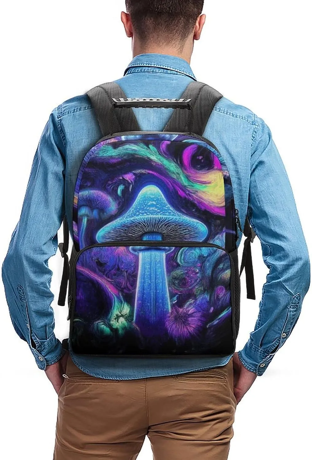 Trippy Mushrooms Purple Art Shoulder Book Bags Polyester Multipurpose Anti-Theft Carry On Bag Large Capacity Travel Hiking & Camping Rucksack