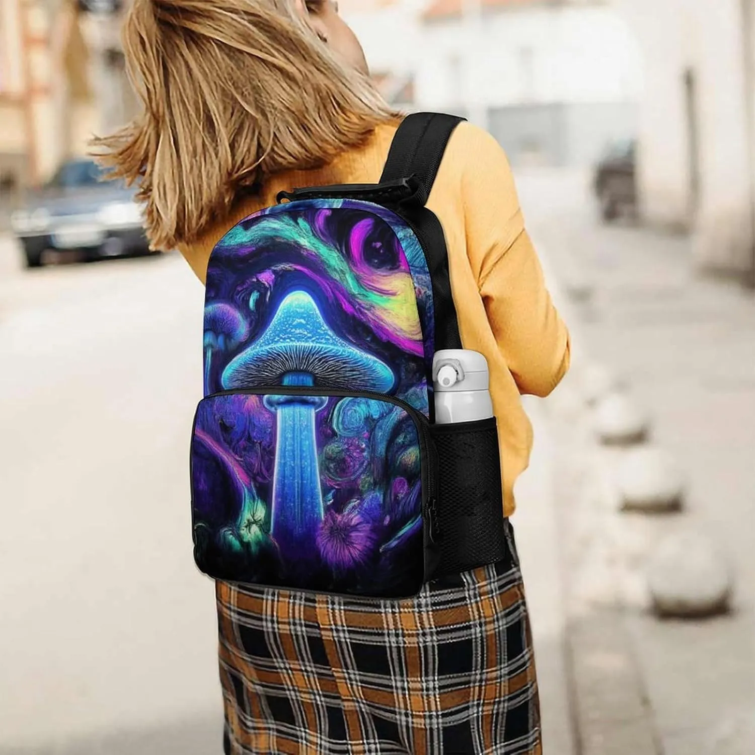 Trippy Mushrooms Purple Art Shoulder Book Bags Polyester Multipurpose Anti-Theft Carry On Bag Large Capacity Travel Hiking & Camping Rucksack