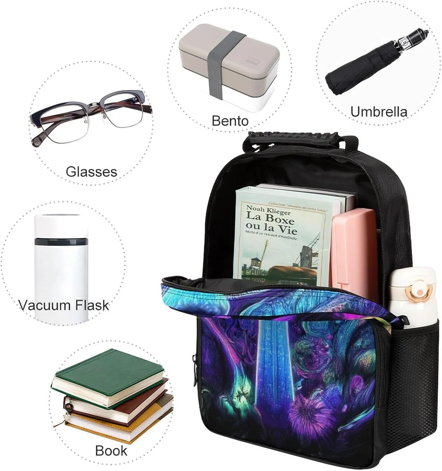 Trippy Mushrooms Purple Art Shoulder Book Bags Polyester Multipurpose Anti-Theft Carry On Bag Large Capacity Travel Hiking & Camping Rucksack