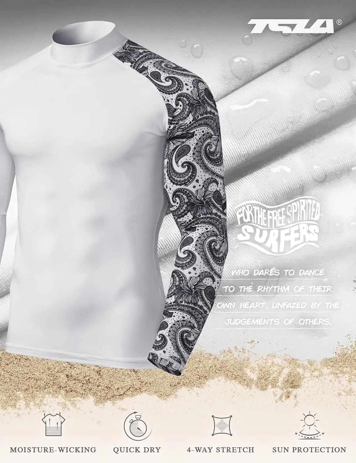 TSLA Men's UPF 50  Long Sleeve Rash Guard, UV/SPF Quick Dry Swim Shirt, Water Surf Swimming Shirts