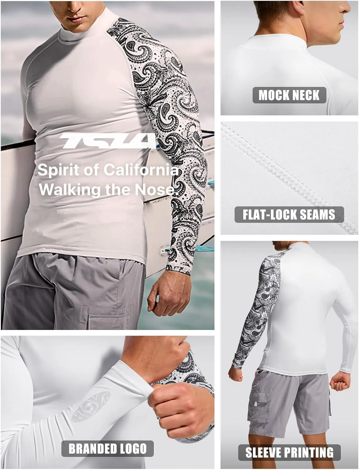 TSLA Men's UPF 50  Long Sleeve Rash Guard, UV/SPF Quick Dry Swim Shirt, Water Surf Swimming Shirts