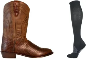 TuffRider Men's Hayden Wide Round Toe Western Boot- Brown-With Free Assorted Striped Socks