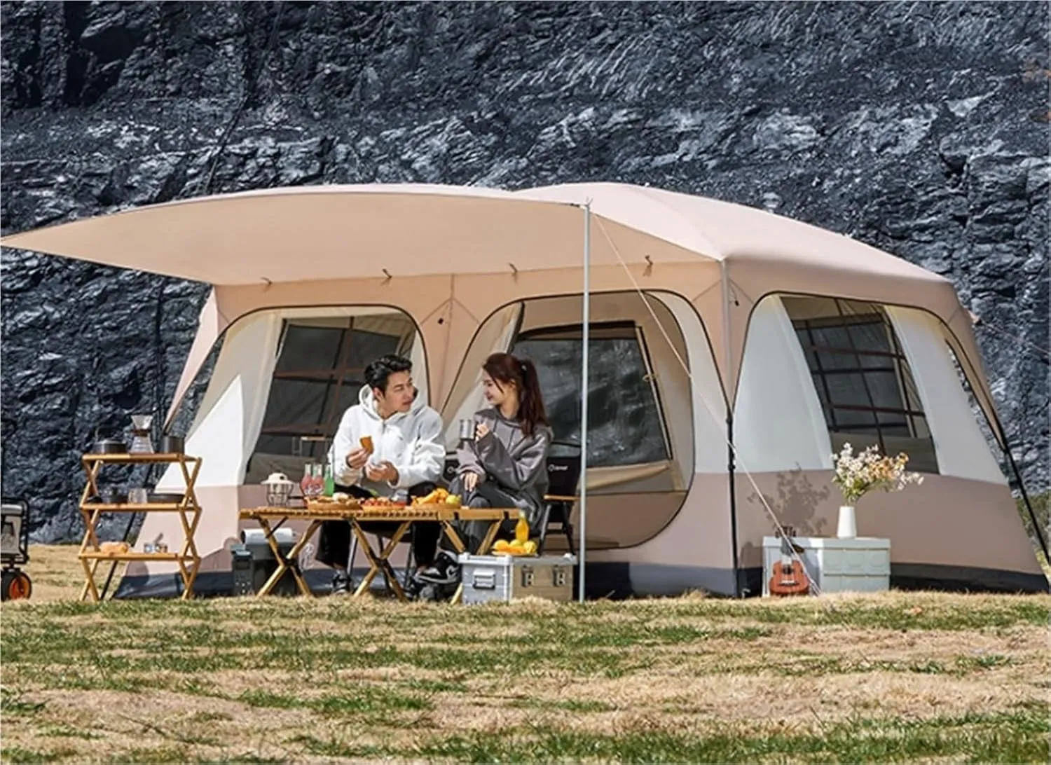 Two-Bedroom, One-Living Room, Multi-Person Outdoor Folding Portable Thickened Double-Layer Rainproof and Windproof Camping Tent