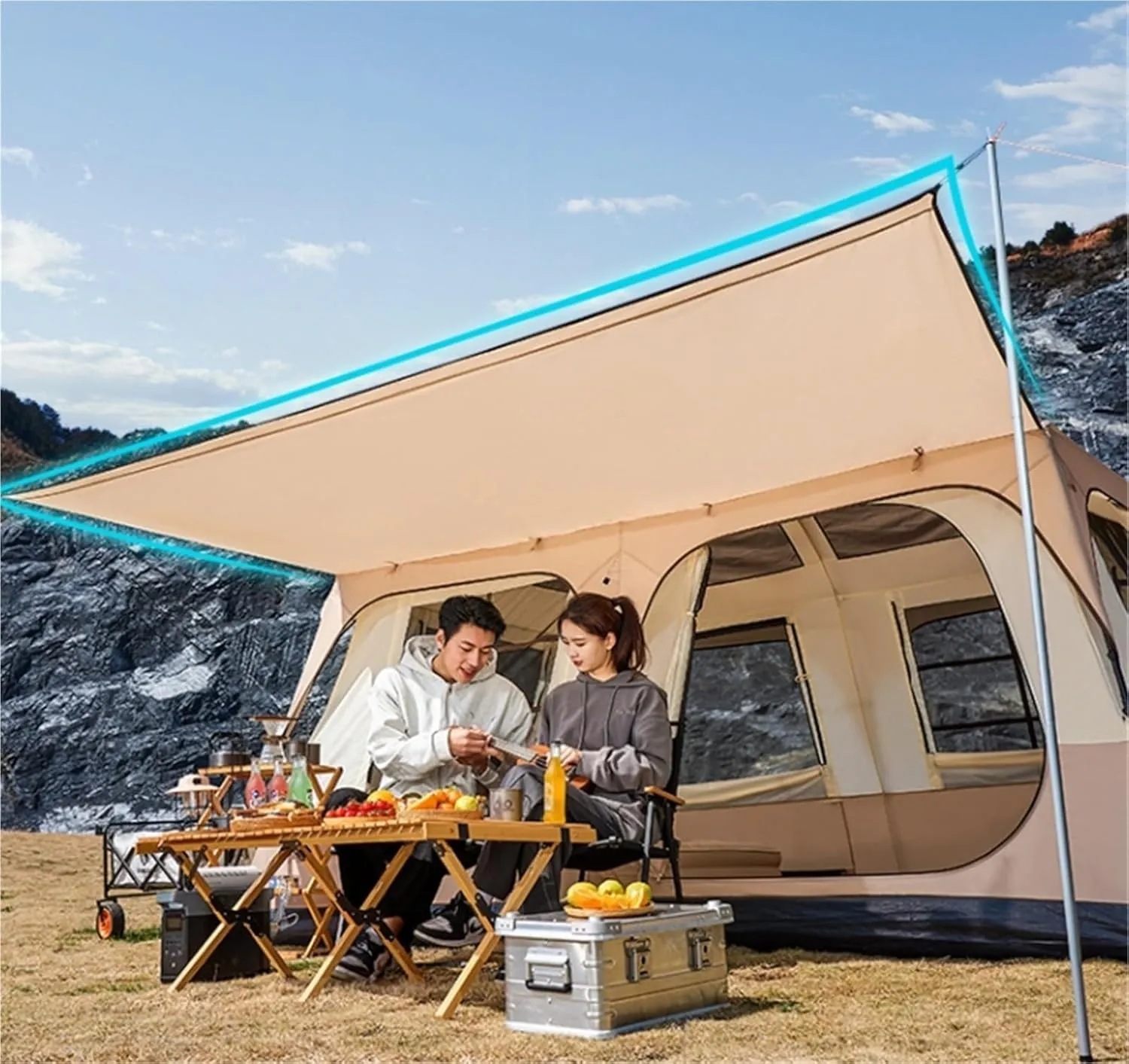 Two-Bedroom, One-Living Room, Multi-Person Outdoor Folding Portable Thickened Double-Layer Rainproof and Windproof Camping Tent