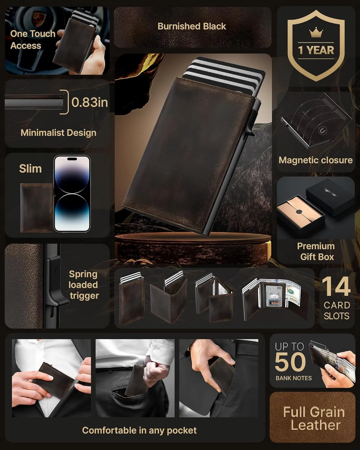 typecase Mens Wallet Card Holder: Pop Up Aluminum Case, Full Grain Leather, RFID Blocking, Smart, Slim, Minimalist, Front Pocket - 9-14 Card Capacity | ID Window | Cash Slot (Burnished Black)