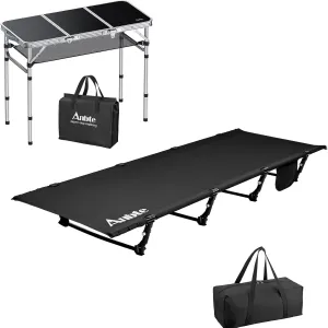 Ultralight Camping Cot Save Effort, Comfortable Camping Bed Supports 350 Lbs with Side Pocket & Folding Camping Table with Storage Net