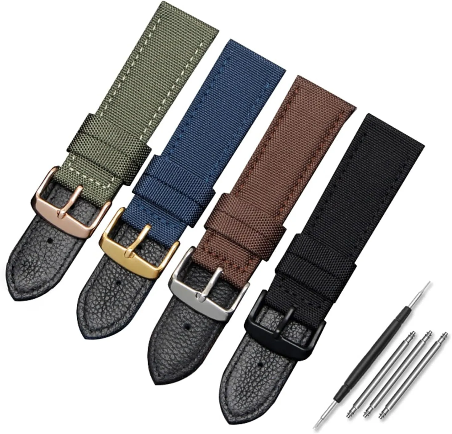 Universal Strap,18-24mm Nylon Genuine Leather Splicing Waterproof Watchband Bracelet Sweat Absort Watch Strap Replacement for Dial Quartz Watch(Black Gold Clasp,24mm)